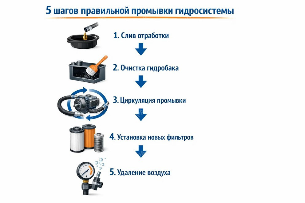 Инфографика: 5 этапов промывки гидравлической системы